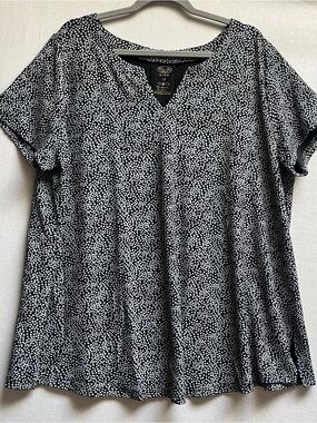 Blue Sky Knit V-Neck Short Sleeve White Speckled Print Top 1X